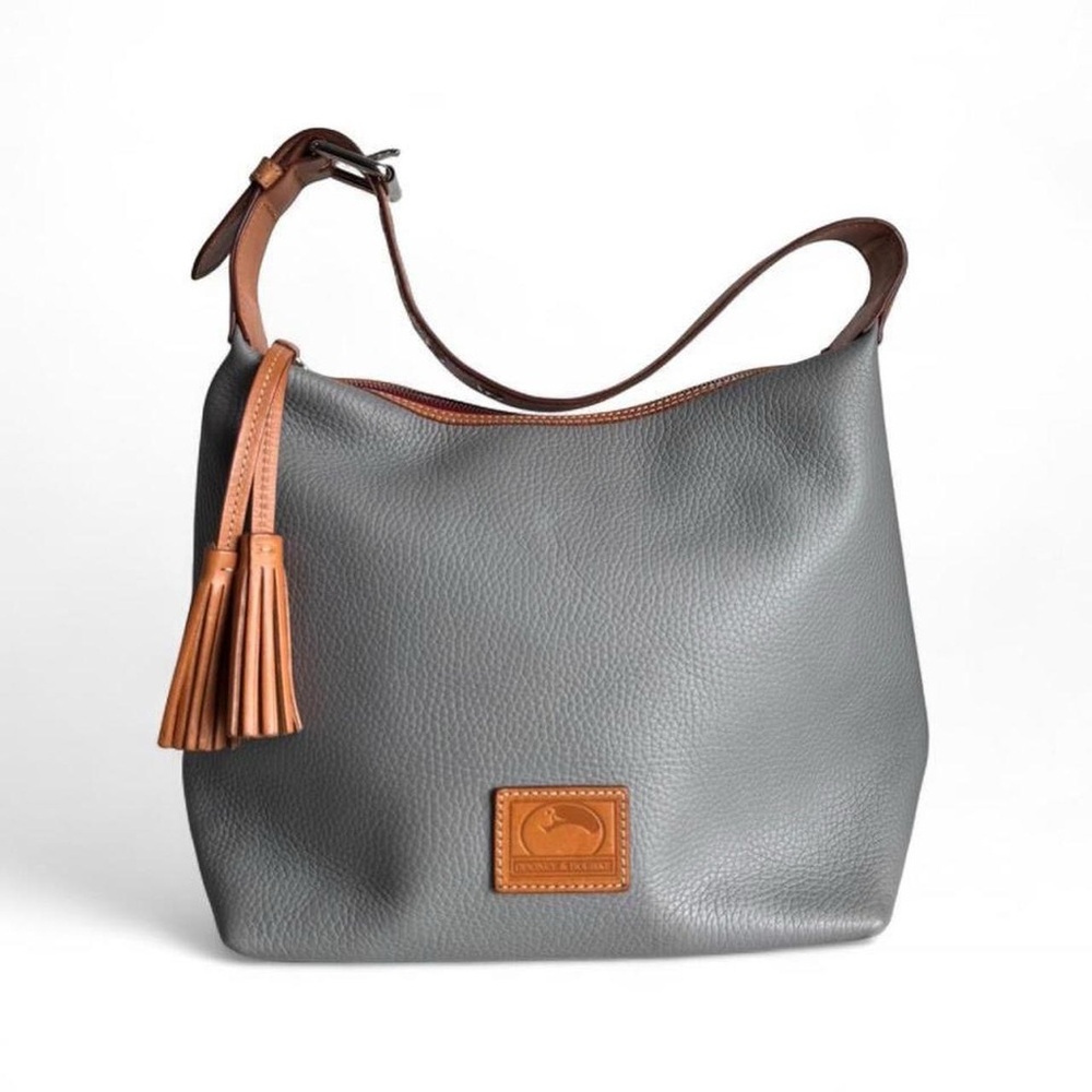 Dooney & Bourke Pebbled Leather Hobo Bag Grey Tan Tassel Shoulder Purse